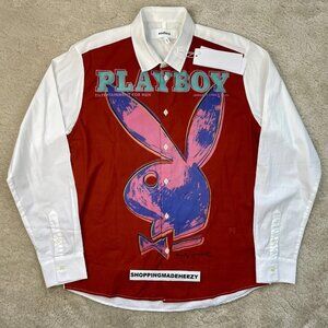 [L] PLAYBOY x SOULLAND JAYDE Printed Panel Button-Up Shirt Bunny Logo White Red